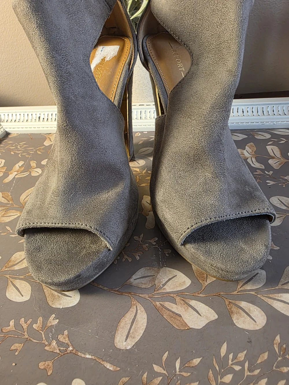 REPORT ~ Taupe Suede Open-Toe Heels - Elegant Cutout Booties